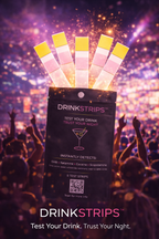 Pack of DrinkStrips with colorful test strips against a vibrant concert background