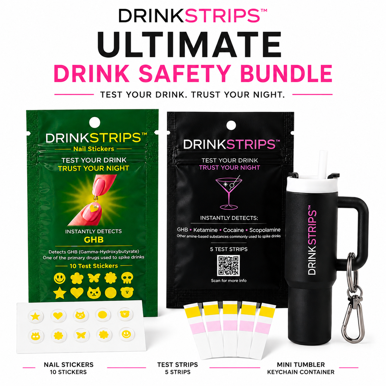 DRINKSTRIPS ULTIMATE DRINK SAFETY BUNDLE - 1 POUCH (10 NAIL STICKER TESTS) + 1 POUCH (5 DRINK SPIKE TEST STRIPS) + Mini Tumbler Keychain Container (BLACK)