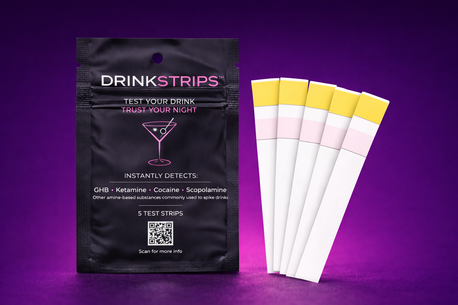 DrinkStrips packaging with test strips on a purple background