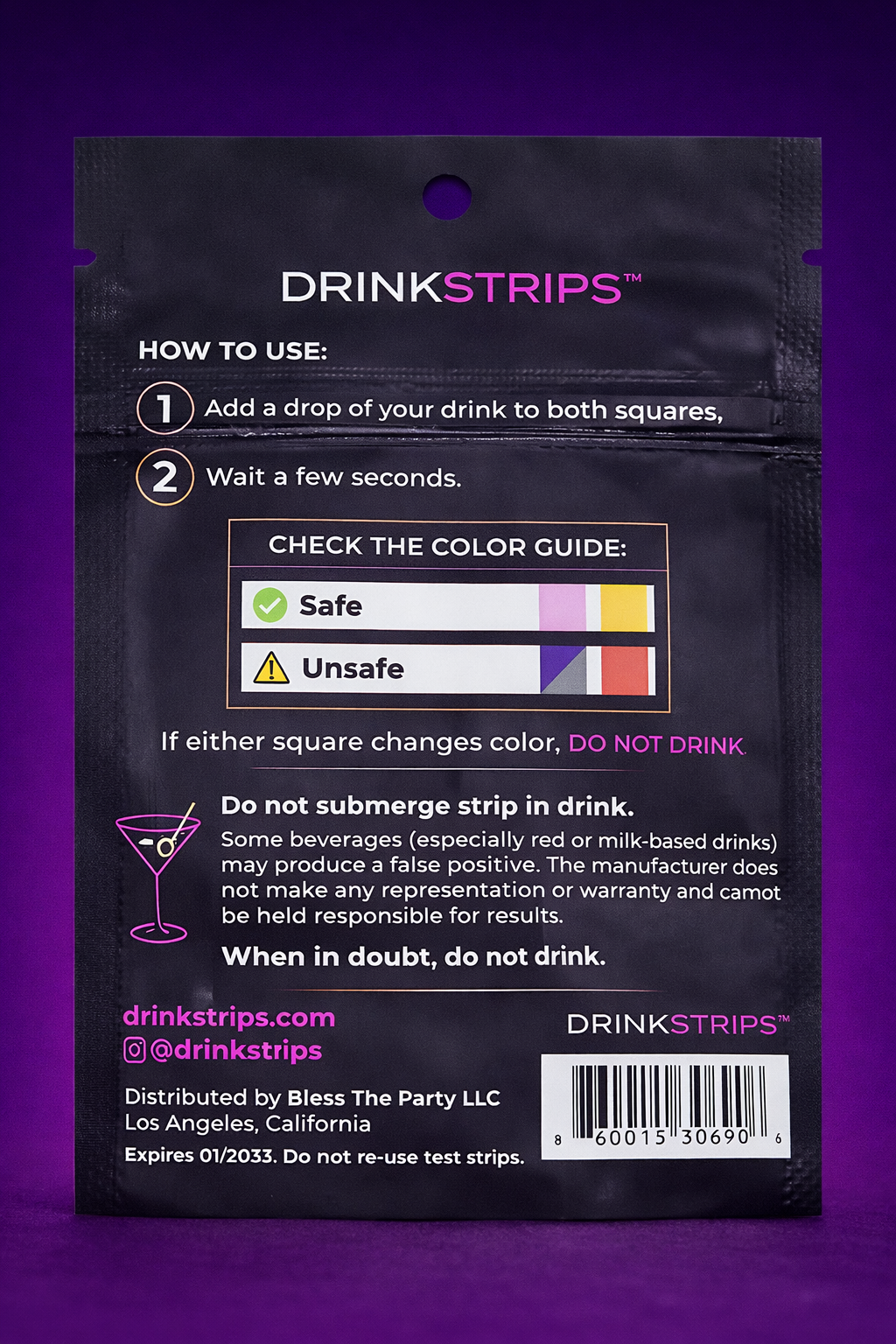 DrinkStrips packaging with usage instructions on a purple background