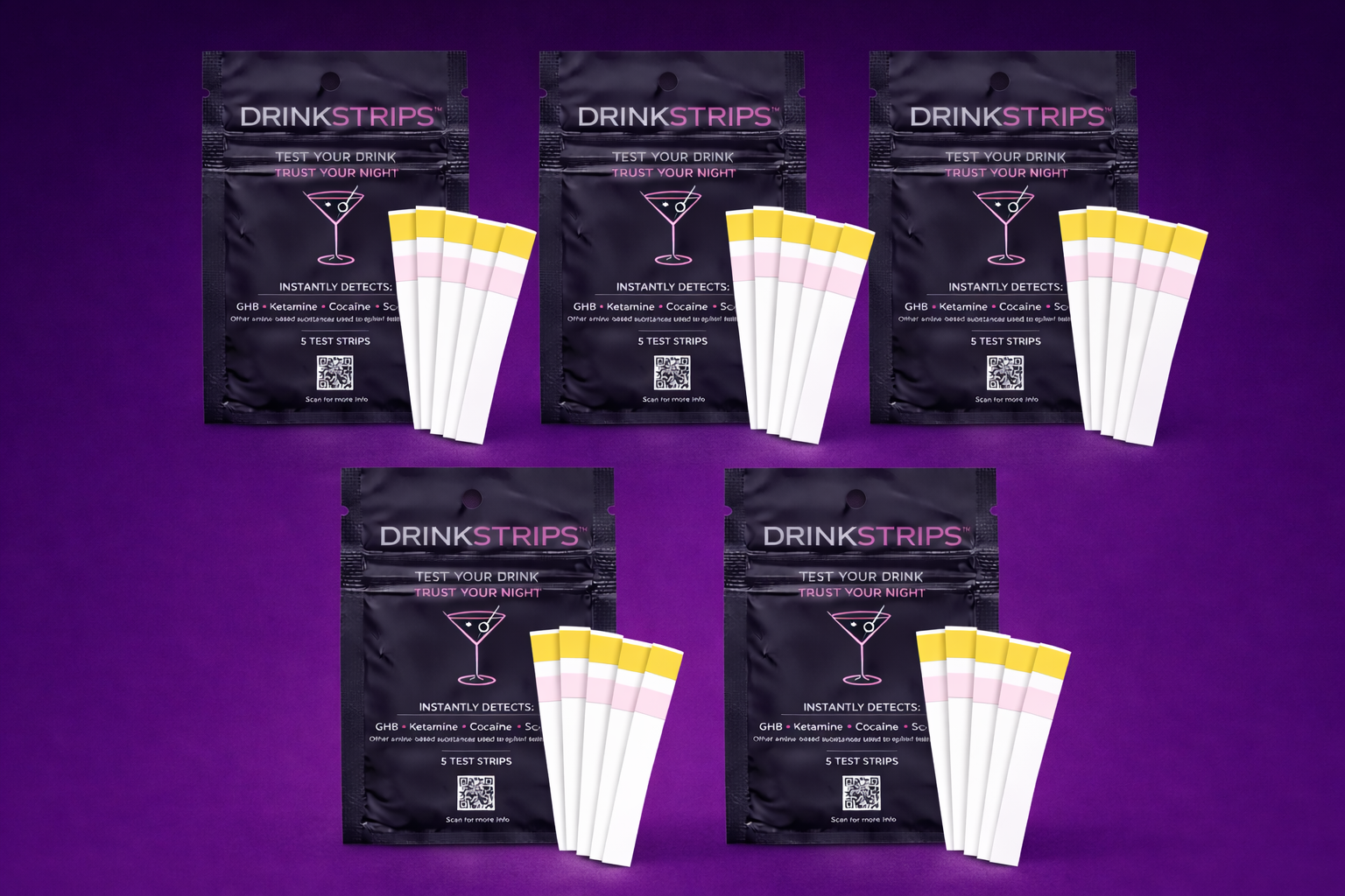 5 packages of DrinkStrips on a purple background