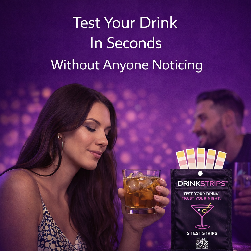 Advertisement for DrinkStrips with a woman holding a drink and a man in the background.