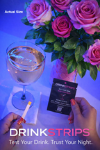 DrinkStrips test strip with a glass of water and pink roses on a blue background