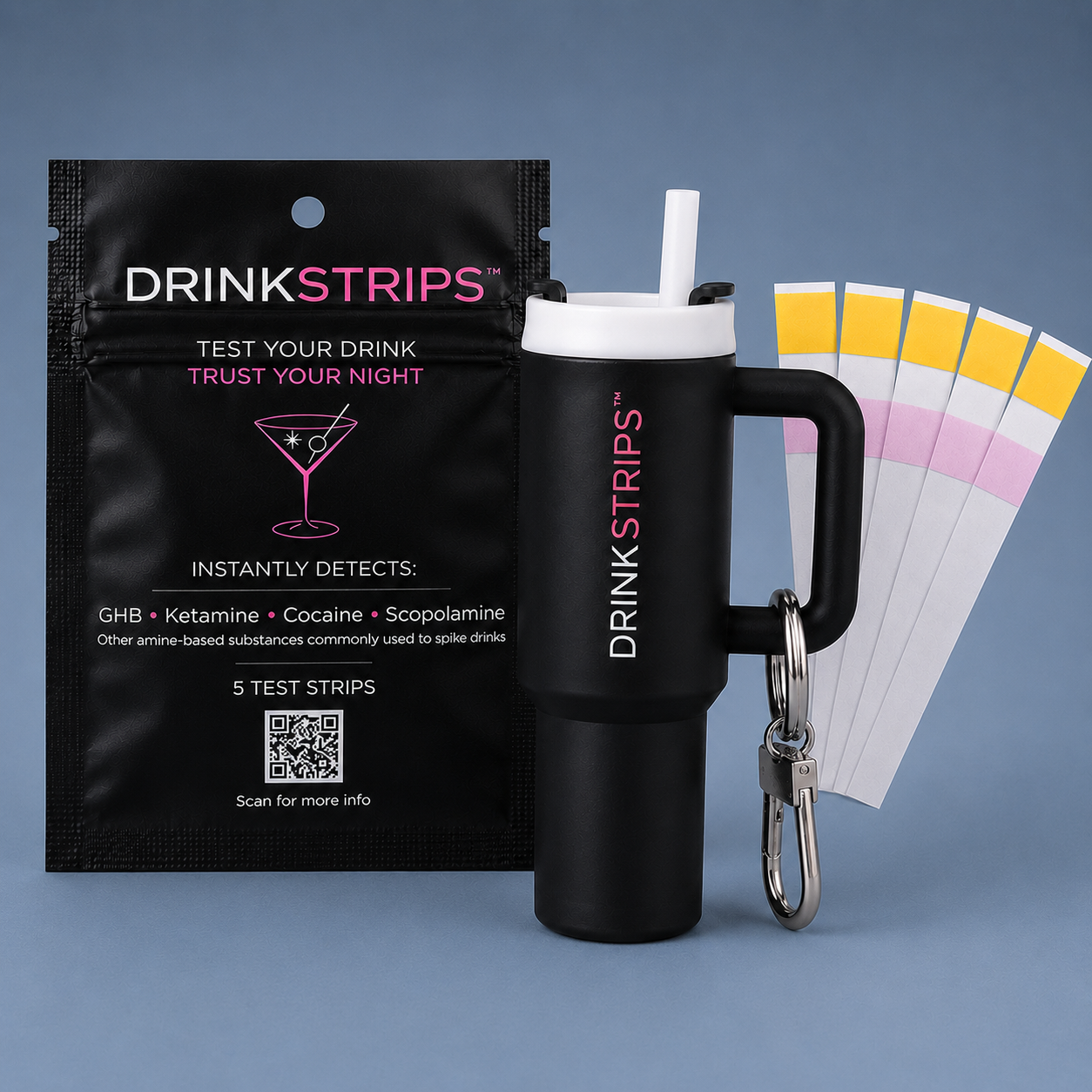 DRINKSTRIPS NIGHT OUT BUNDLE - Mini Keychain Container + 1 POUCH (5 DRINK SPIKE TEST STRIPS)