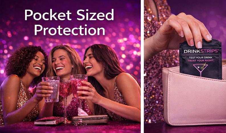 Two women enjoying drinks with a 'Drinkstrips' product in a pink handbag on a purple background.
