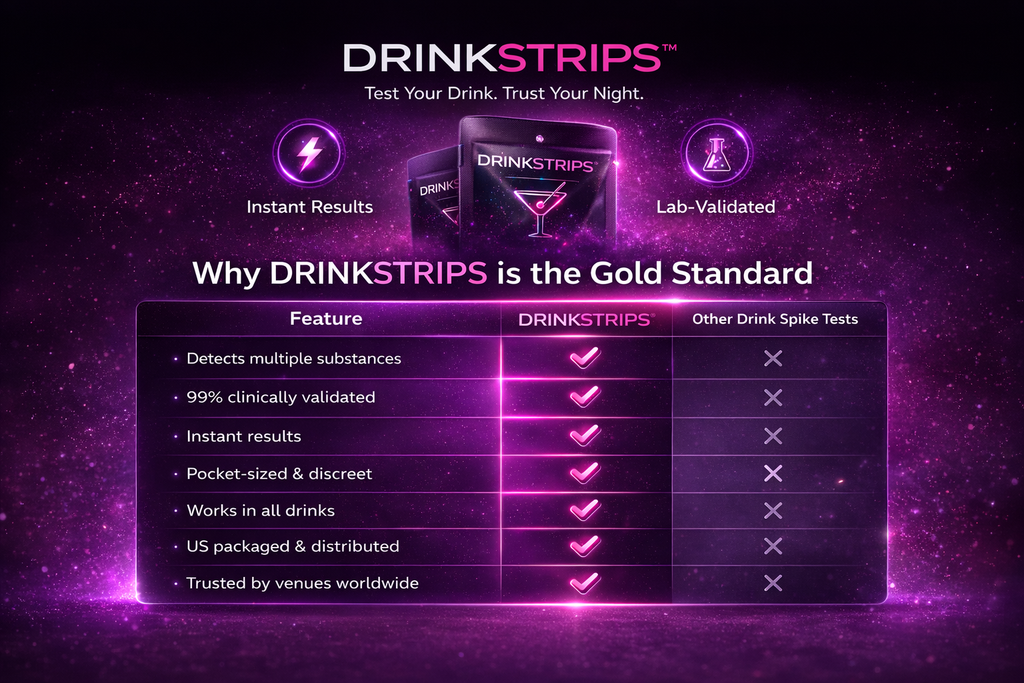 DRINKSTRIPS product display with features and benefits on a purple background