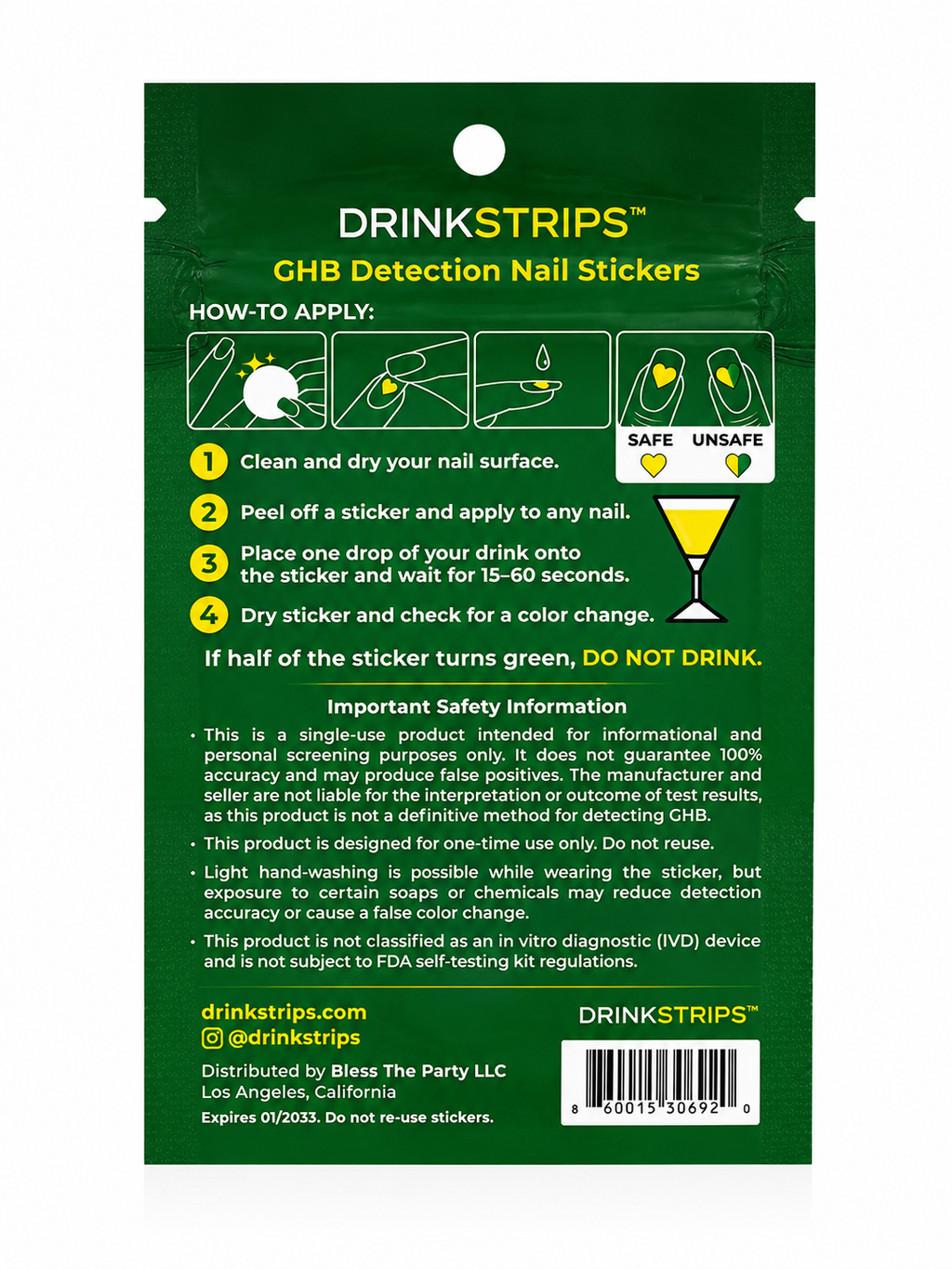 DRINKSTRIPS ULTIMATE DRINK SAFETY BUNDLE - 1 POUCH (10 NAIL STICKER TESTS) + 1 POUCH (5 DRINK SPIKE TEST STRIPS) + Mini Tumbler Keychain Container (BLACK)