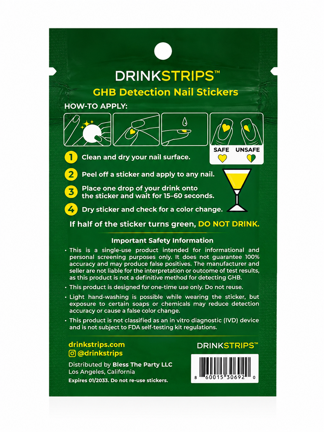 DRINKSTRIPS ULTIMATE DRINK SAFETY BUNDLE - 1 POUCH (10 NAIL STICKER TESTS) + 1 POUCH (5 DRINK SPIKE TEST STRIPS) + Mini Tumbler Keychain Container (BLACK)