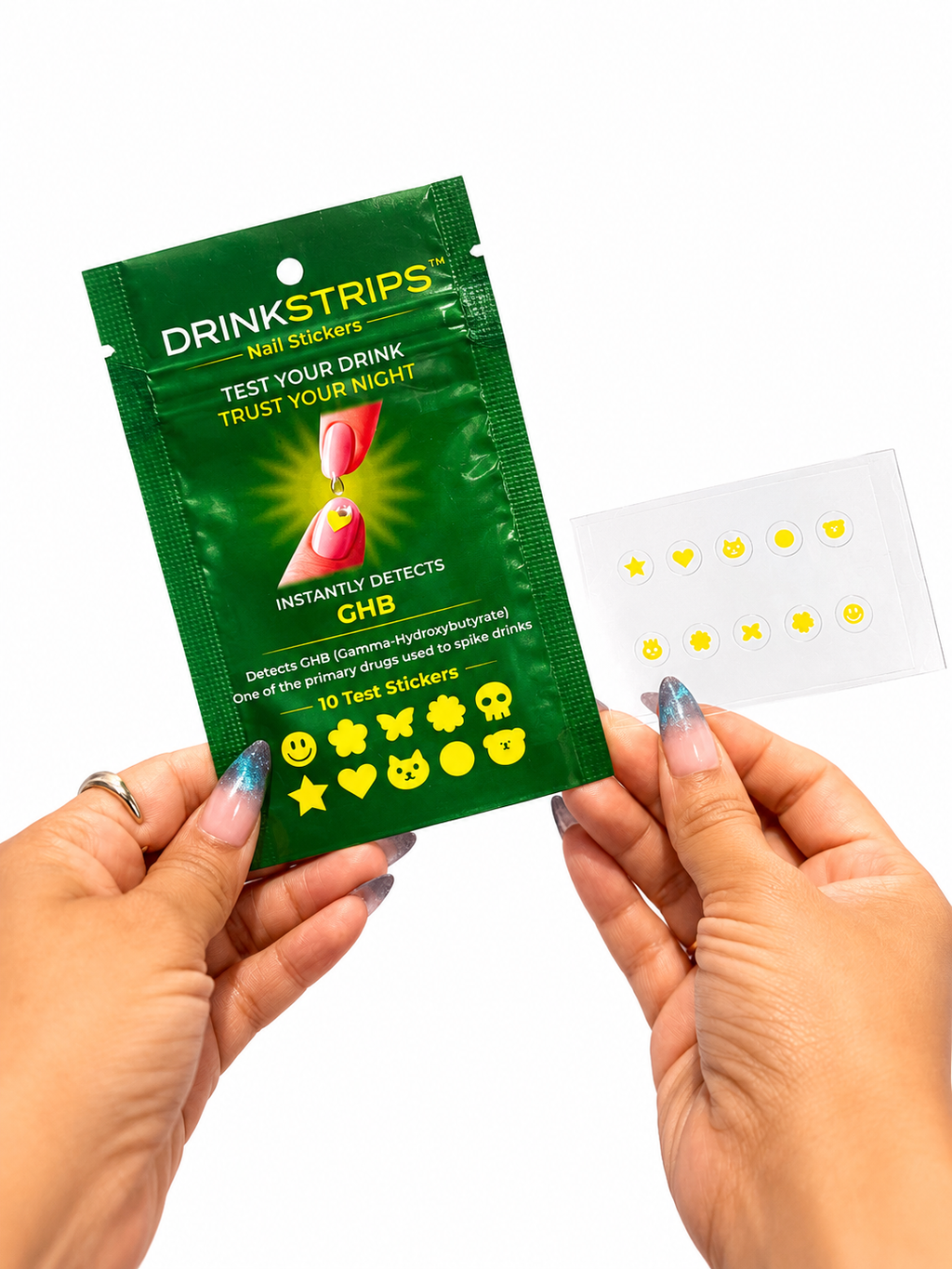 DRINKSTRIPS ULTIMATE DRINK SAFETY BUNDLE - 1 POUCH (10 NAIL STICKER TESTS) + 1 POUCH (5 DRINK SPIKE TEST STRIPS) + Mini Tumbler Keychain Container (BLACK)